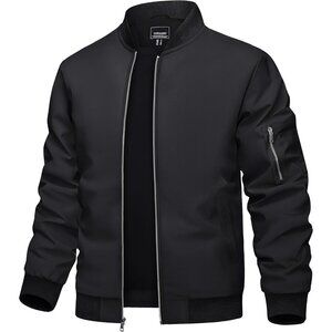 Men's Black Bomber Jacket with Zip-Up Front and Utility Sleeve Pocket